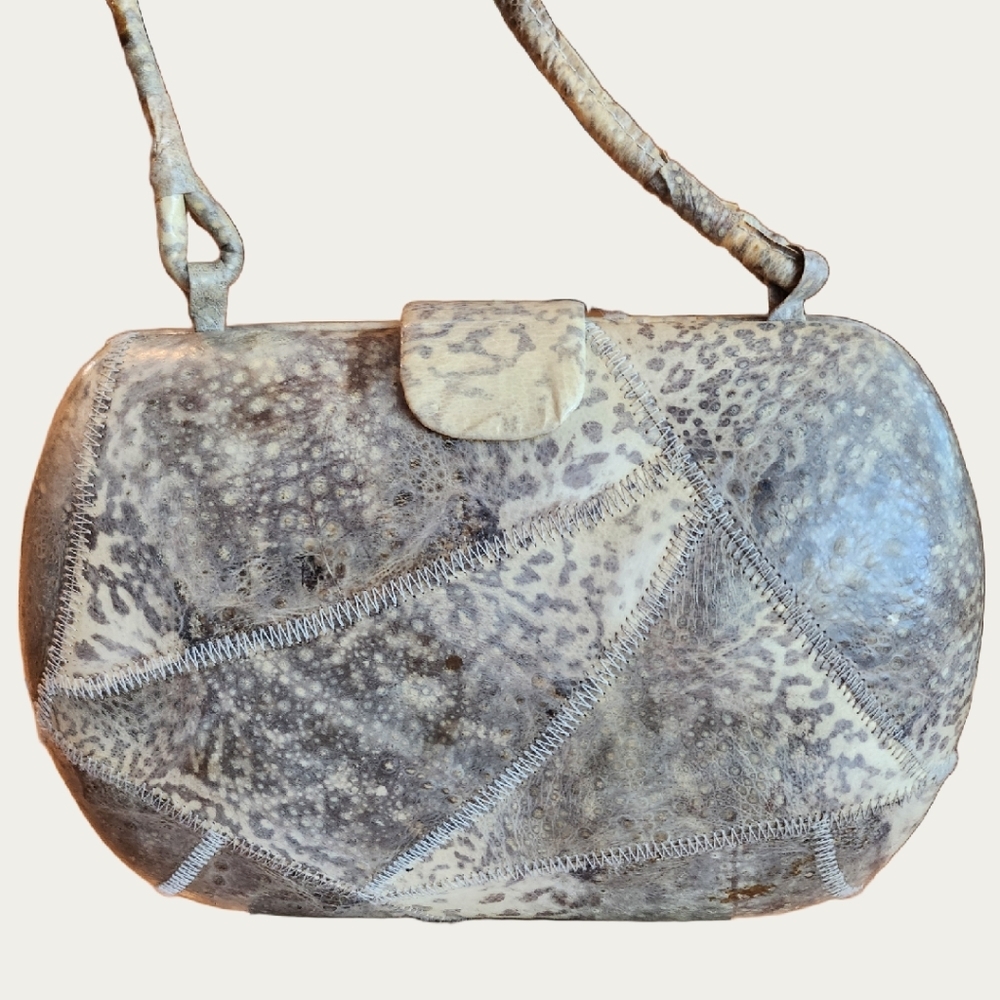 Vintage Patchwork Exotic Gray Leather Shoulder Ba… - image 4